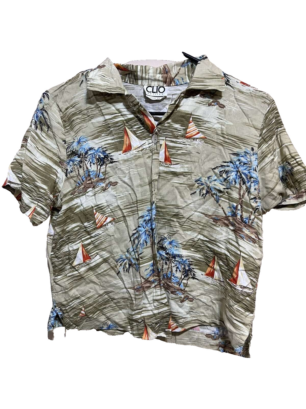 CLIO PETITES Womens Classic Summer Print Beach Shirt Size PS Palm Boat A001985